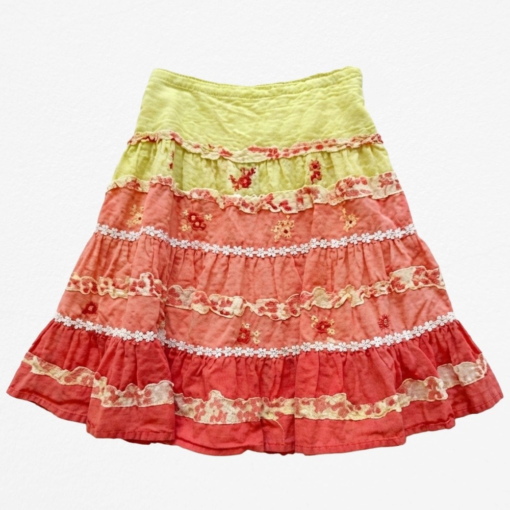 Pumpkin Patch Girls Tiered Boho Skirt Lime Pink Floral Lace Ruffle Size 6 120cm